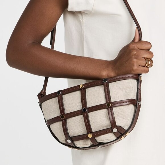 NWT STAUD Sebastian Caged Leather &Linen Shoulder crossbody bag NEW w/ dust bag - Picture 1 of 16
